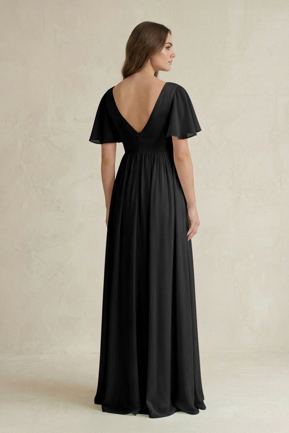 Short Sleeve V - Neck A - Line Chiffon Bridesmaid Dress in Black - SHE IS ME Bridesmaid Dresses
