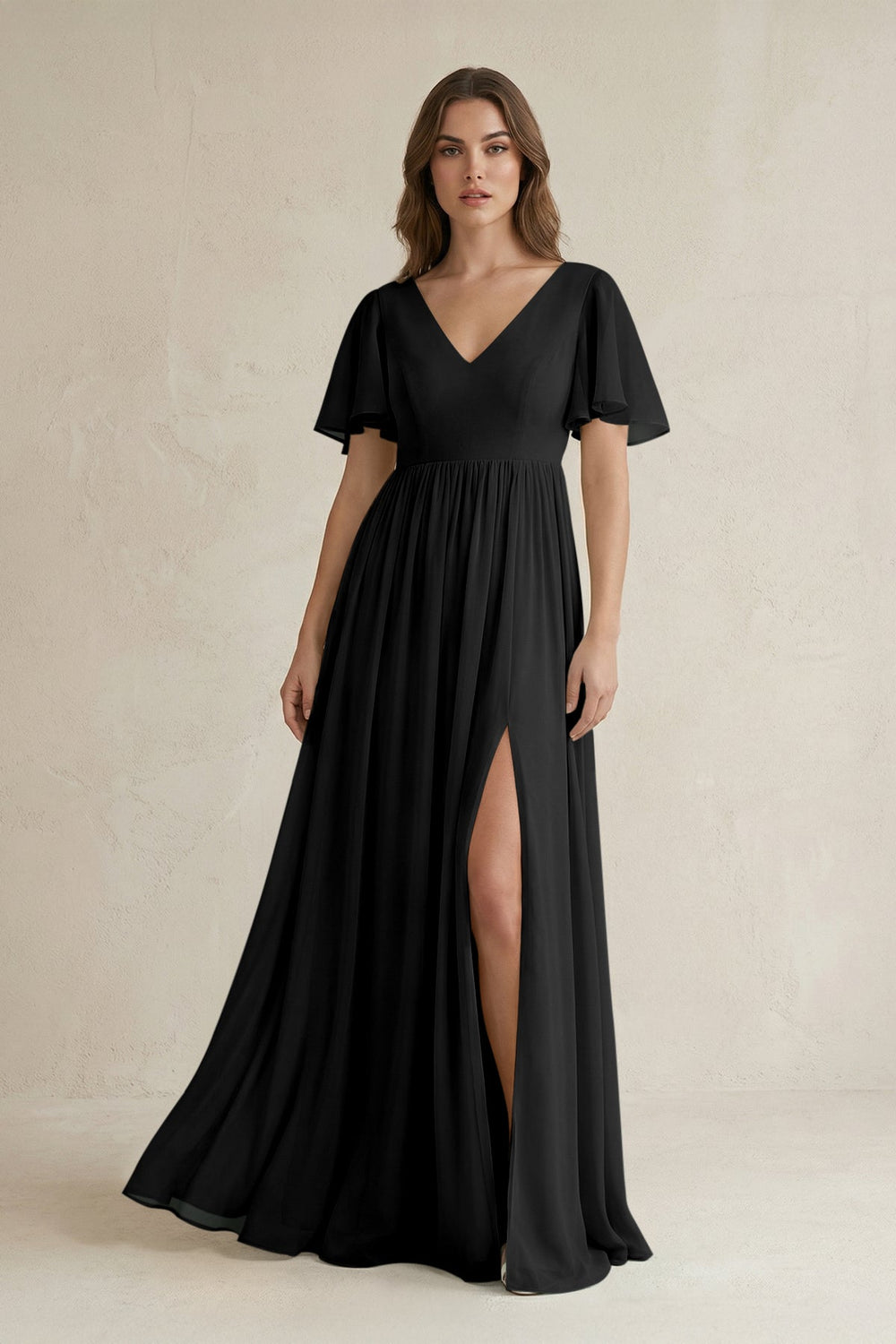 Short Sleeve V - Neck A - Line Chiffon Bridesmaid Dress in Black - SHE IS ME Bridesmaid Dresses