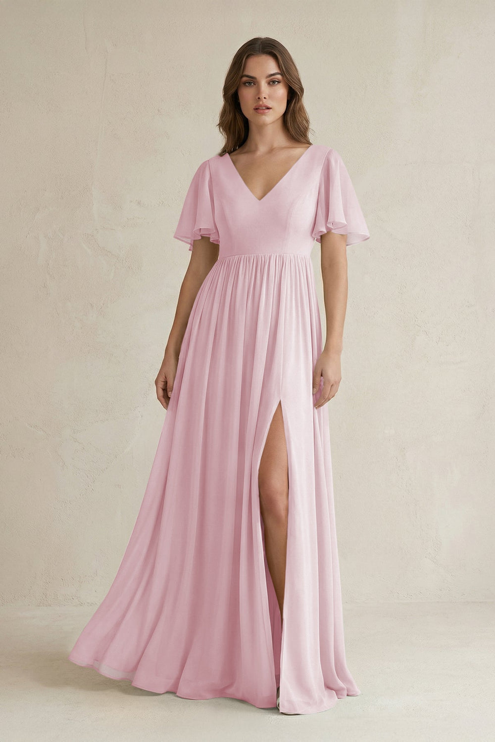 Short Sleeve V - Neck A - Line Chiffon Bridesmaid Dress in Candy Pink - SHE IS ME Bridesmaid Dresses