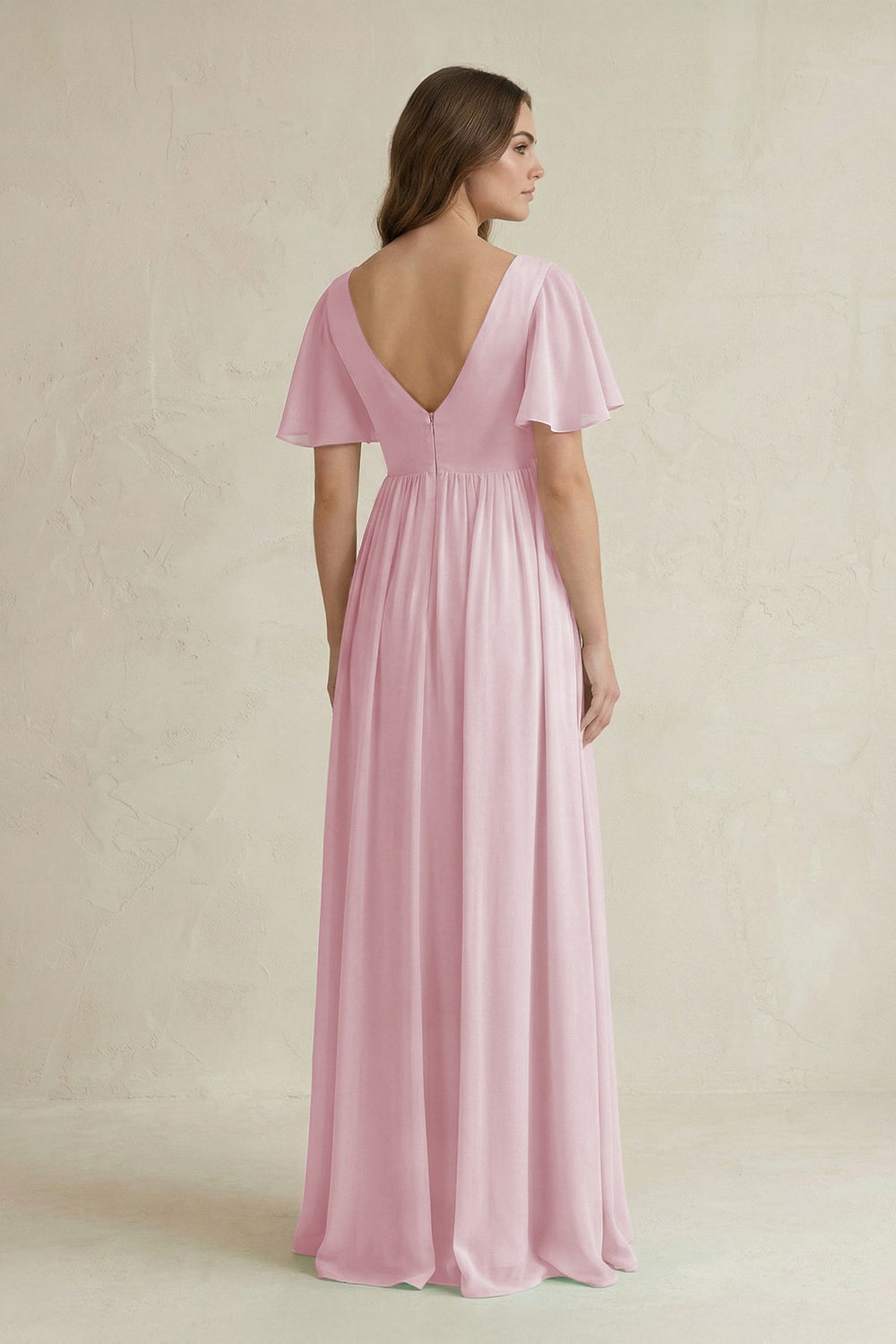 Short Sleeve V - Neck A - Line Chiffon Bridesmaid Dress in Candy Pink - SHE IS ME Bridesmaid Dresses