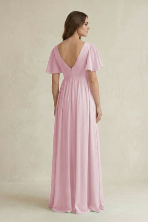 Short Sleeve V - Neck A - Line Chiffon Bridesmaid Dress in Candy Pink - SHE IS ME Bridesmaid Dresses