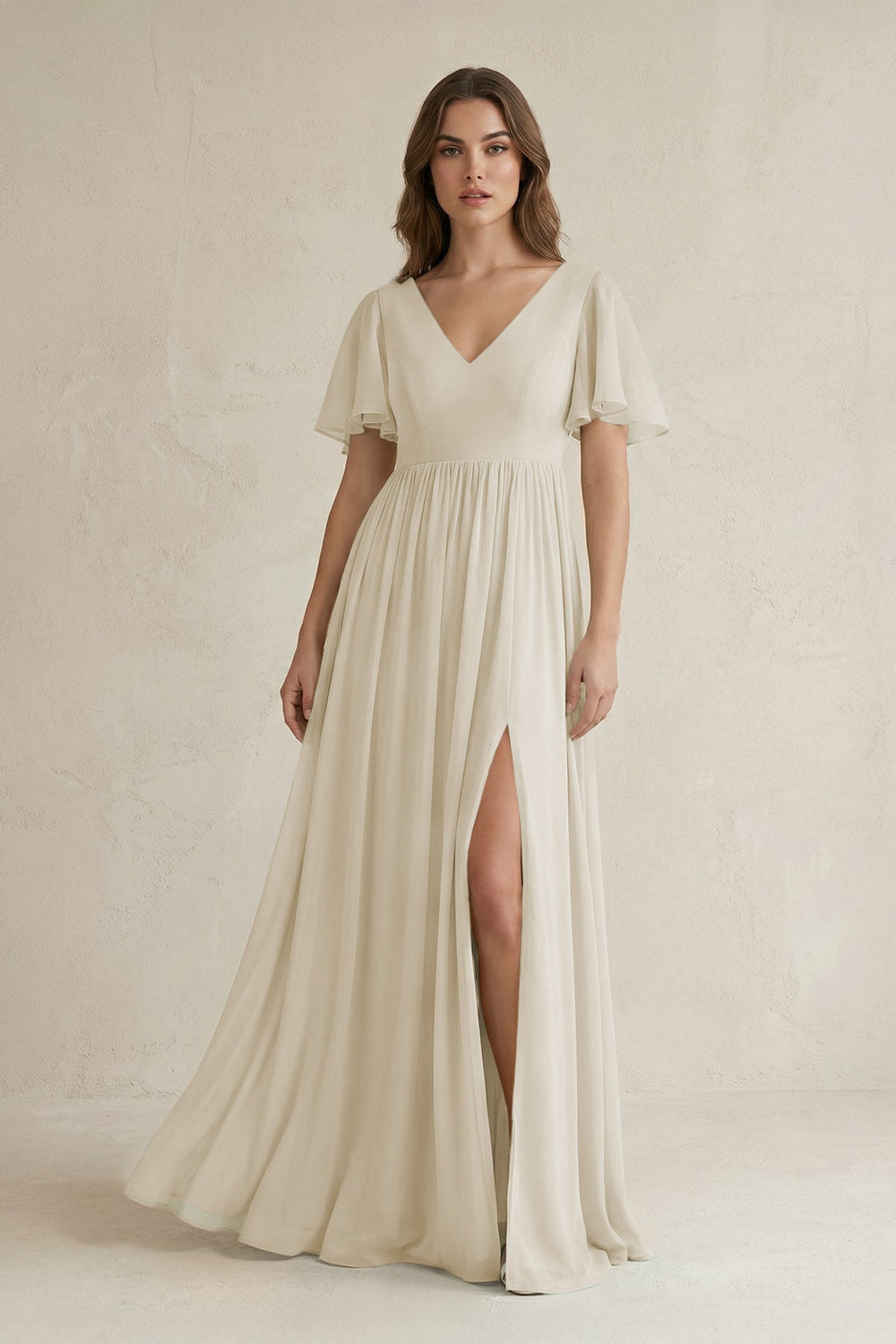 Short Sleeve V - Neck A - Line Chiffon Bridesmaid Dress in Dove Gray - SHE IS ME Bridesmaid Dresses