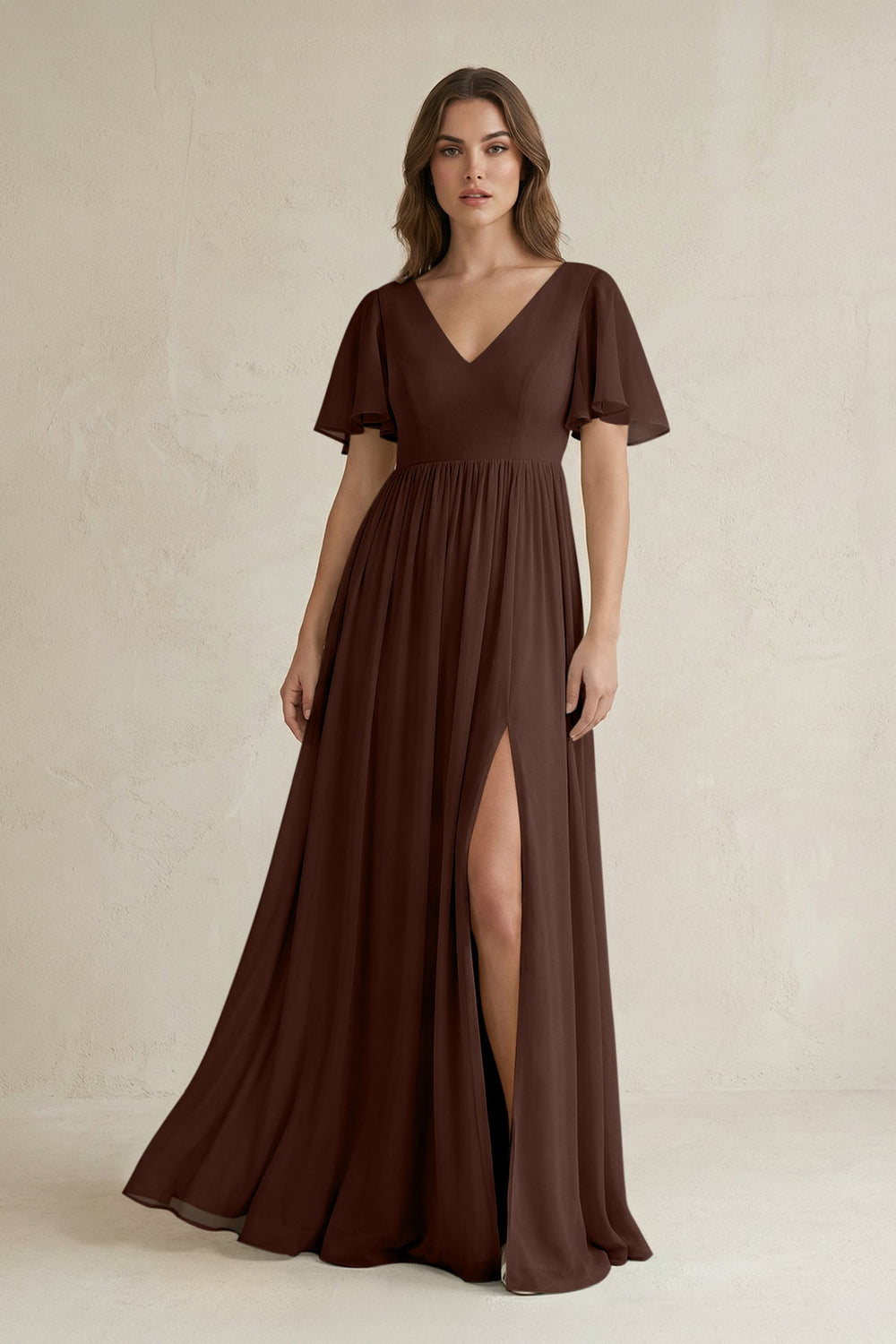 Short Sleeve V - Neck A - Line Chiffon Bridesmaid Dress in Espresso - SHE IS ME Bridesmaid Dresses