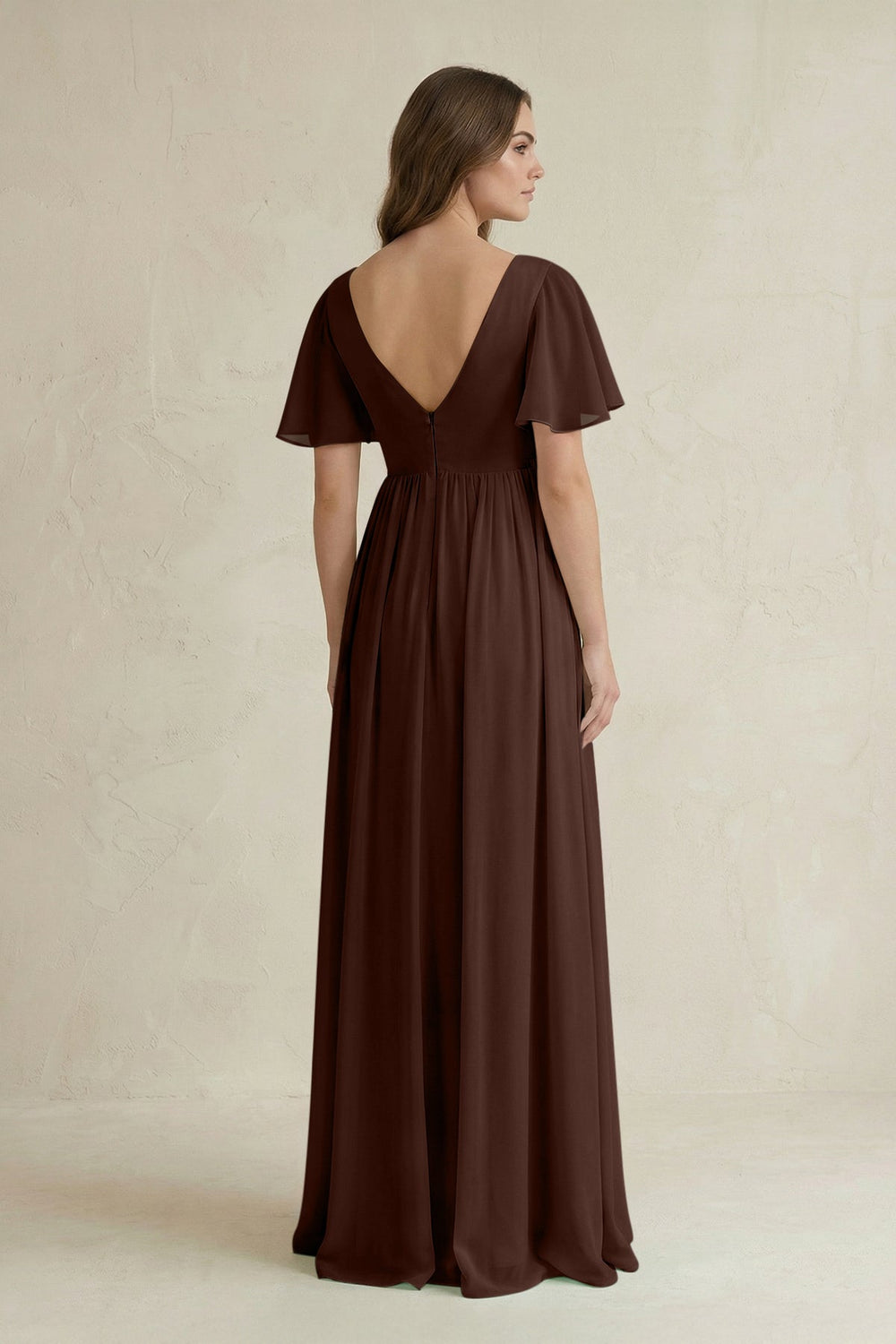 Short Sleeve V - Neck A - Line Chiffon Bridesmaid Dress in Espresso - SHE IS ME Bridesmaid Dresses