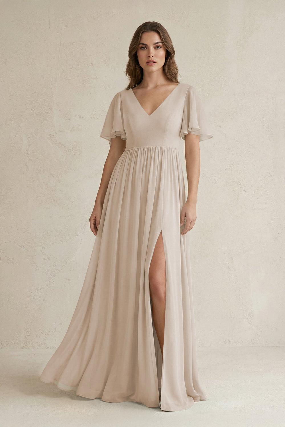 Short Sleeve V - Neck A - Line Chiffon Bridesmaid Dress in Frost - SHE IS ME Bridesmaid Dresses