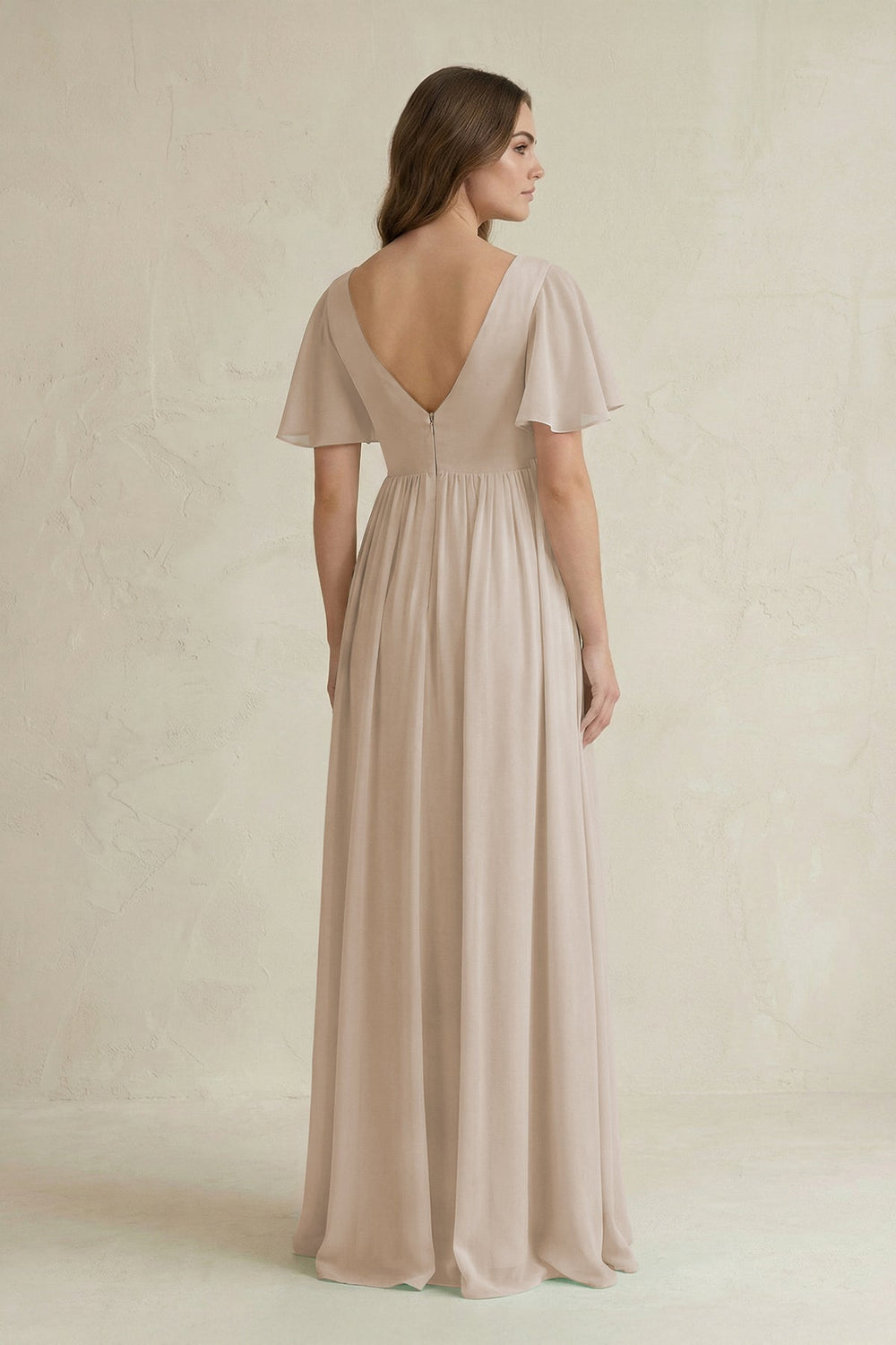 Short Sleeve V - Neck A - Line Chiffon Bridesmaid Dress in Frost - SHE IS ME Bridesmaid Dresses