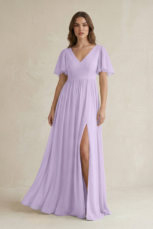 Short Sleeve V - Neck A - Line Chiffon Bridesmaid Dress in Lavender - SHE IS ME Bridesmaid Dresses