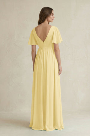 Short Sleeve V - Neck A - Line Chiffon Bridesmaid Dress in Pastel Yellow - SHE IS ME Bridesmaid Dresses