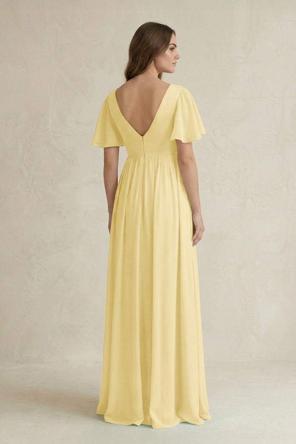 Short Sleeve V - Neck A - Line Chiffon Bridesmaid Dress in Pastel Yellow - SHE IS ME Bridesmaid Dresses