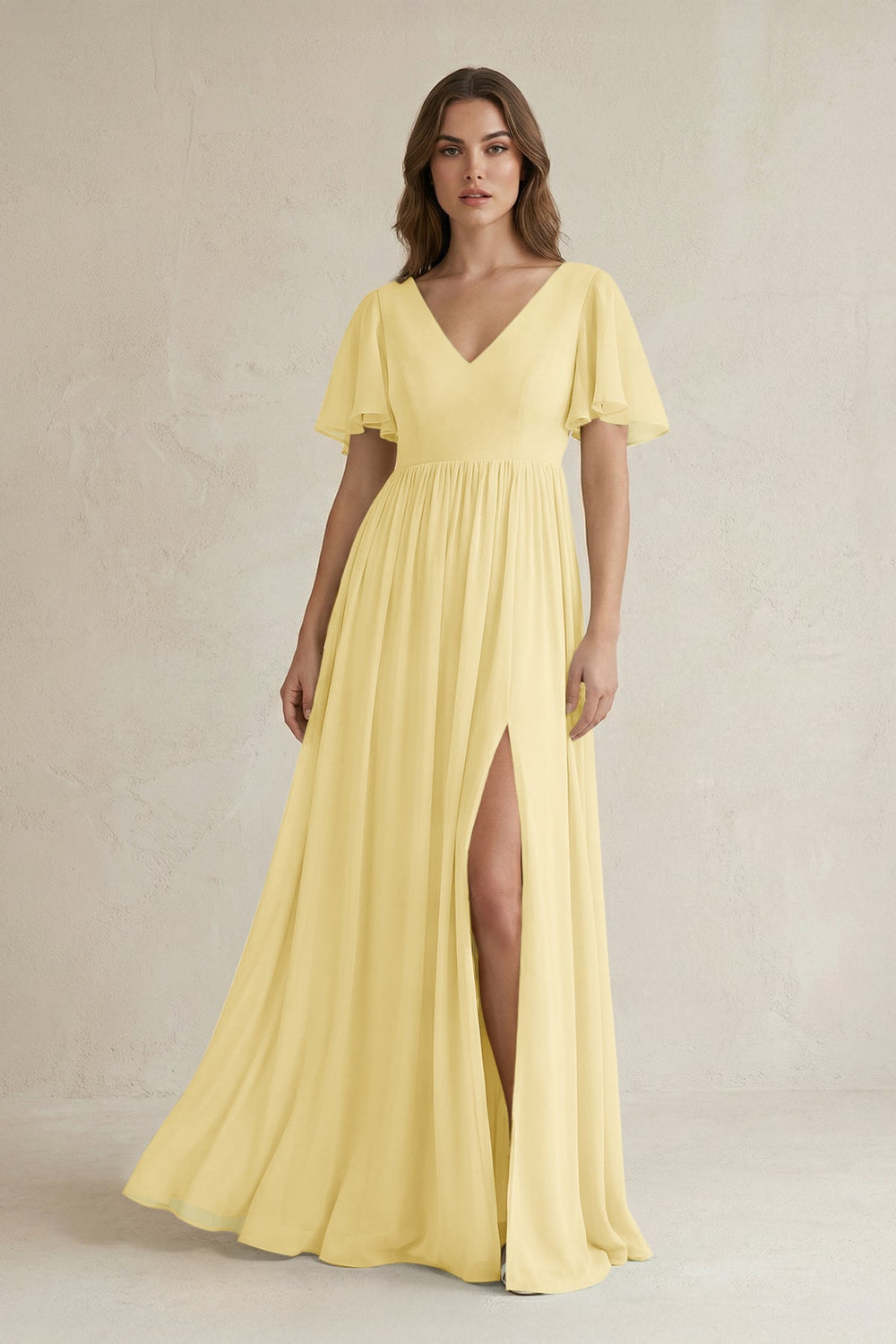 Short Sleeve V - Neck A - Line Chiffon Bridesmaid Dress in Pastel Yellow - SHE IS ME Bridesmaid Dresses