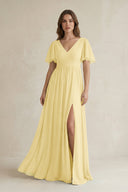 Short Sleeve V - Neck A - Line Chiffon Bridesmaid Dress in Pastel Yellow - SHE IS ME Bridesmaid Dresses