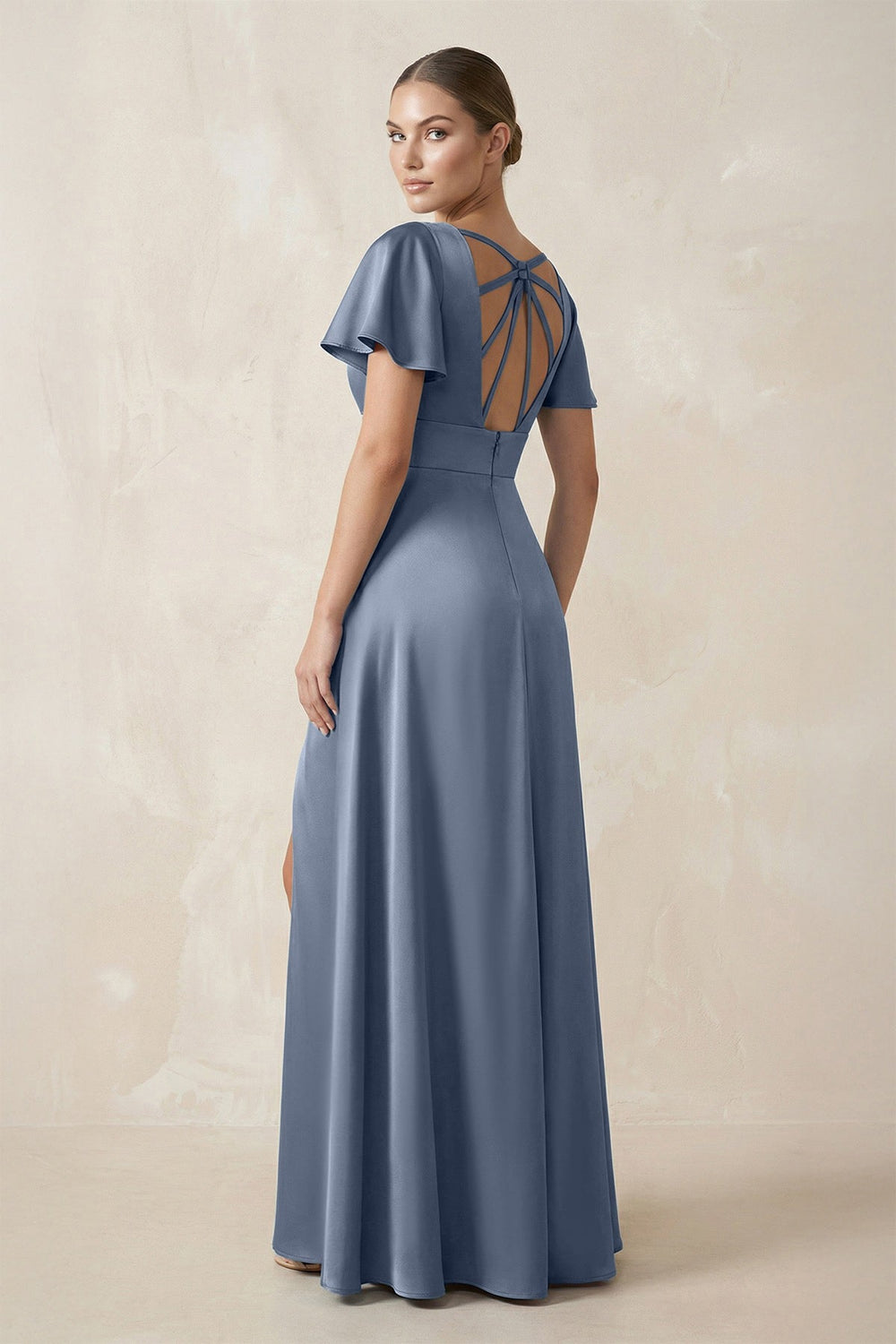 Short Sleeve V - Neck A - Line Satin Bridesmaid Dress With Slit in Neptune - SHE IS ME Bridesmaid Dresses