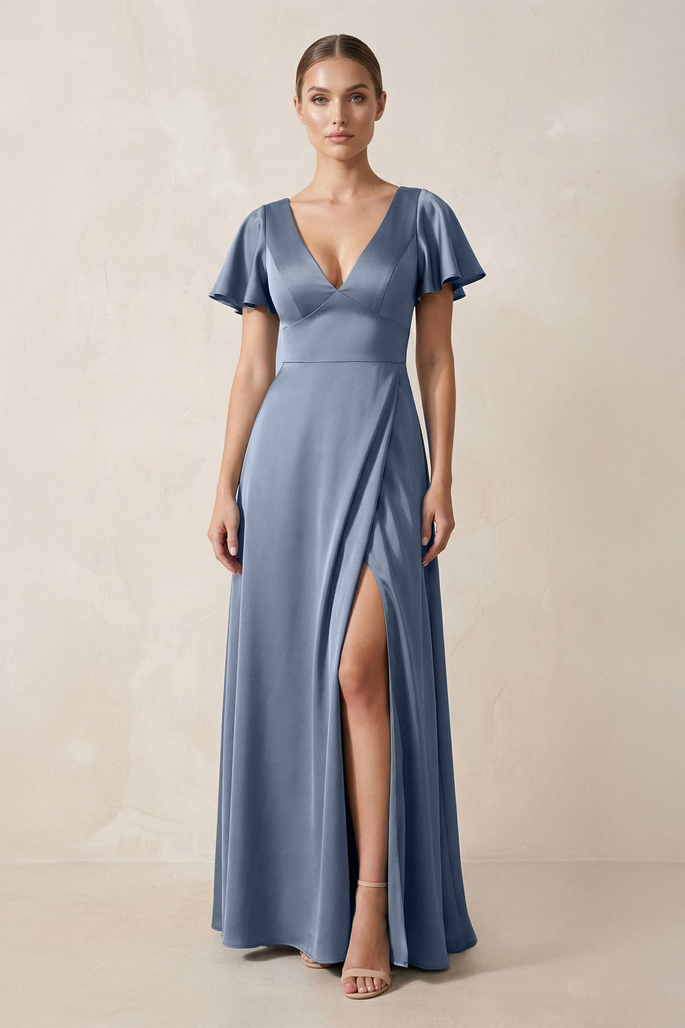 Short Sleeve V - Neck A - Line Satin Bridesmaid Dress With Slit in Neptune - SHE IS ME Bridesmaid Dresses