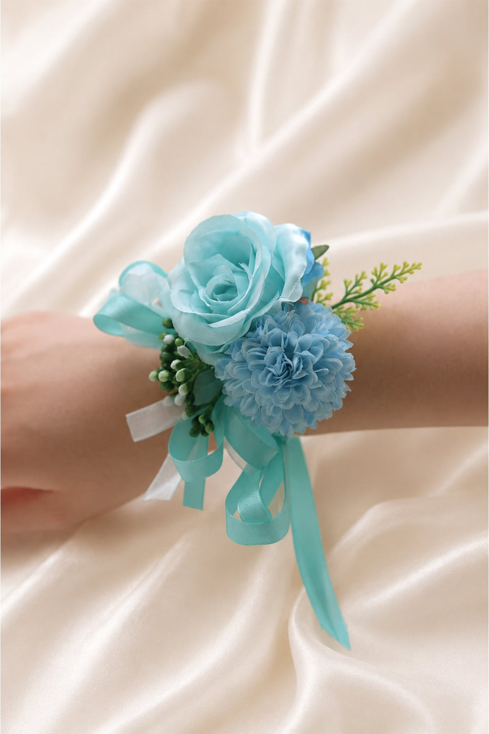 Silk Roses Artificial Bridesmaid Wrist Corsage in Tiffany Blue - SHE IS ME Accessories
