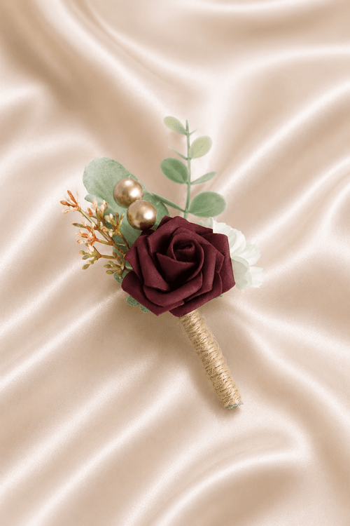 Silk Roses Artificial Wedding Bridesmaid Boutonniere in Burgundy - SHE IS ME Accessories