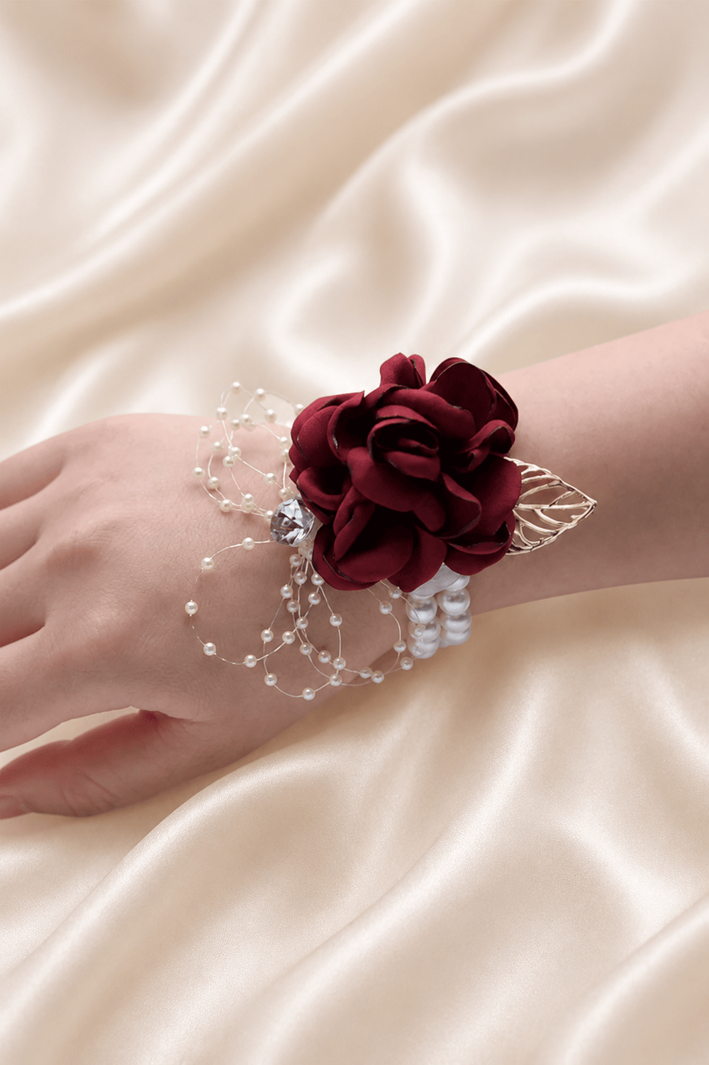 Silk Roses Artificial Wedding Bridesmaid Wrist Corsage in Burgundy - SHE IS ME Accessories