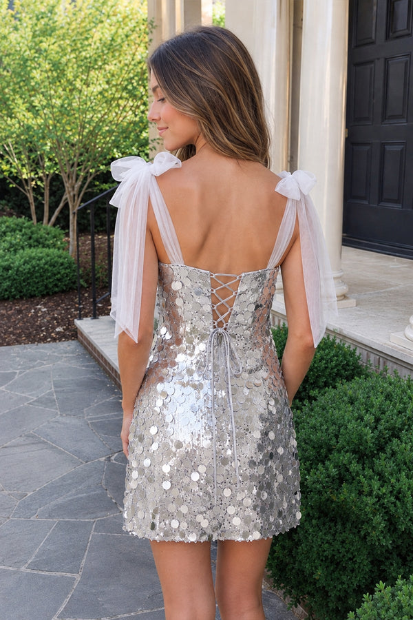 Silver Sparkly V-Neck A-Line Sequin Homecoming Dress (2) | SHEISME