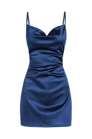 Navy Blue Simple Cowl Neck Satin Homecoming Dress - SHEISME