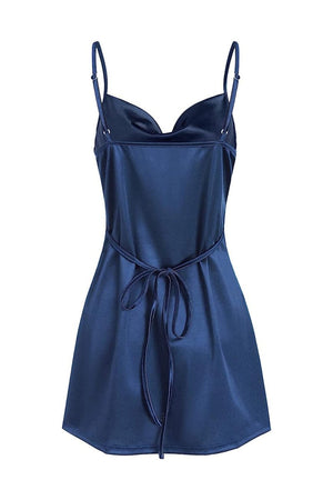Navy Blue Simple Cowl Neck Satin Homecoming Dress - SHEISME