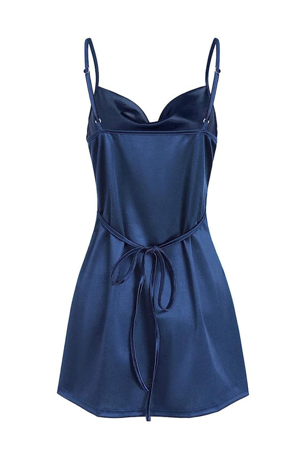 Navy Blue Simple Cowl Neck Satin Homecoming Dress - SHEISME