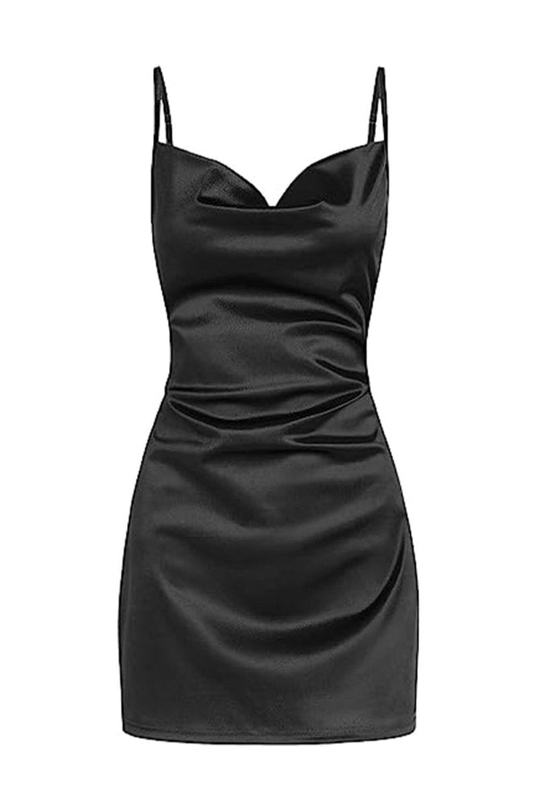 Black Simple Cowl Neck Satin Homecoming Dress - SHEISME