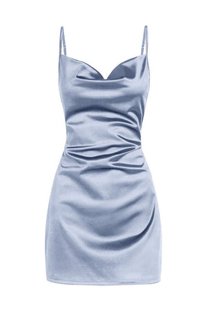 Dusty Blue Simple Cowl Neck Satin Homecoming Dress - SHEISME