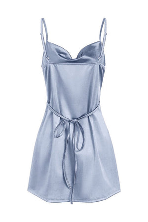 Dusty Blue Simple Cowl Neck Satin Homecoming Dress - SHEISME