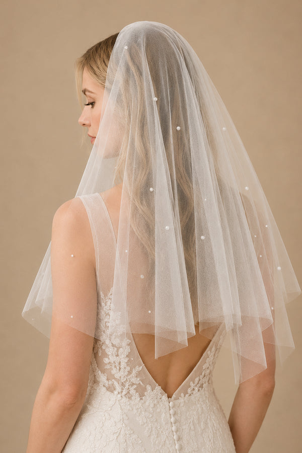 Simple Pearls Tulle Wedding Veil Waist Length in Ivory - SHE IS ME Wedding Veils