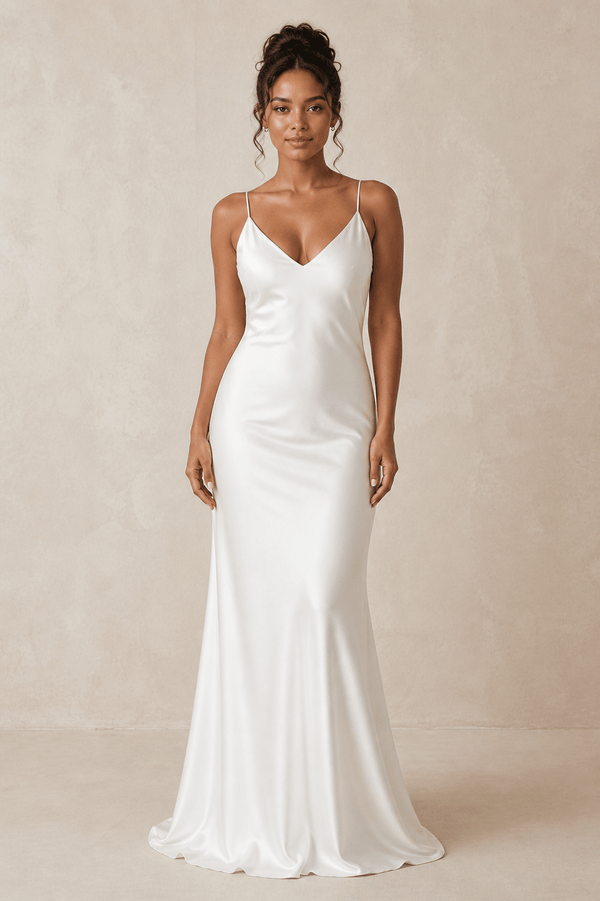Simple Sheath Spaghetti Straps Wedding Dress in White - SHE IS ME Wedding Dresses