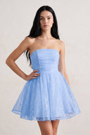Sky Blue A Line Strapless Glitter Tulle Ruffled Homecoming Dresses with Bow | SHEISME