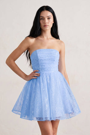 Sky Blue A Line Strapless Glitter Tulle Ruffled Homecoming Dresses with Bow | SHEISME