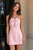 Pink Bowknot Strapless Sheath Satin Homecoming Dress | SHEISME