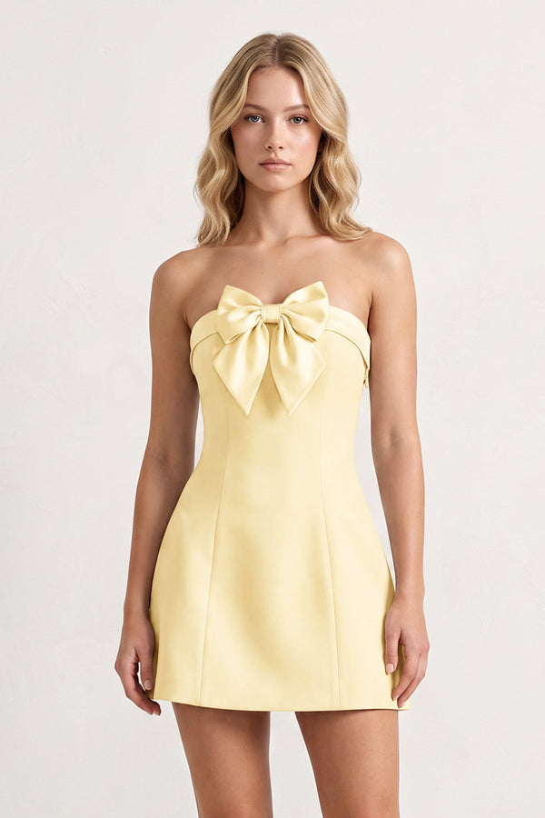 Yellow Bowknot Strapless Sheath Satin Homecoming Dress | SHEISME