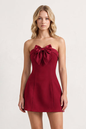 Burgundy Bowknot Strapless Sheath Satin Homecoming Dress | SHEISME