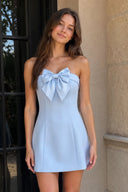 Sky Blue Bowknot Strapless Sheath Satin Homecoming Dress | SHEISME