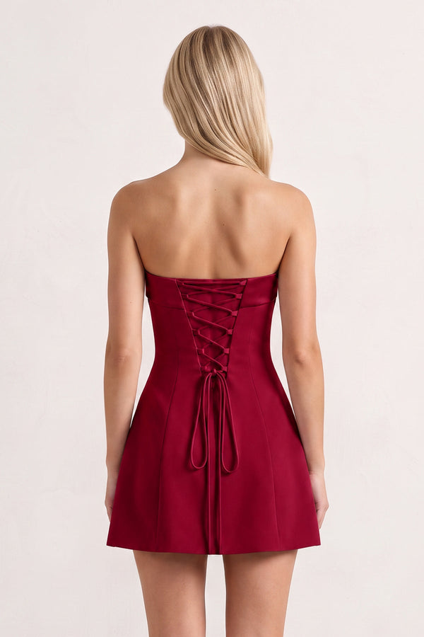 Burgundy Bowknot Strapless Sheath Satin Homecoming Dress (2) | SHEISME