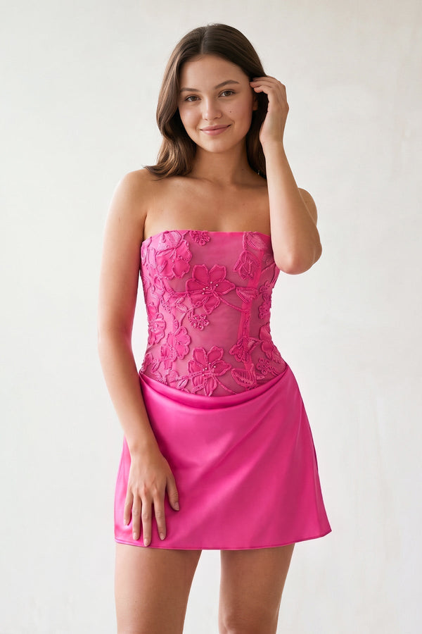 Fuchsia Embroidered A-Line Strapless Satin Homecoming Dress | SHEISME