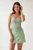 Sage Green Embroidered A-Line Strapless Satin Homecoming Dress | SHEISME