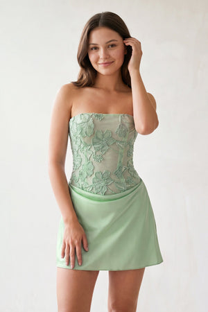 Sage Green Embroidered A-Line Strapless Satin Homecoming Dress | SHEISME