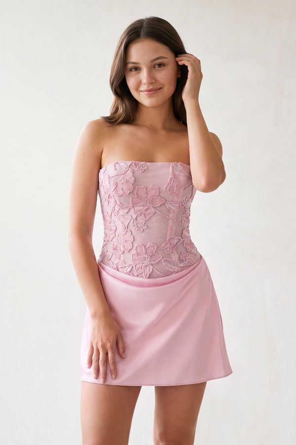 Pink Embroidered A-Line Strapless Satin Homecoming Dress | SHEISME