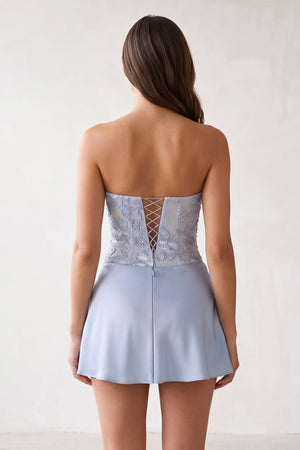 Sky Blue Embroidered A-Line Strapless Satin Homecoming Dress | SHEISME
