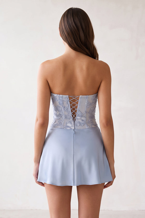 Sky Blue Embroidered A-Line Strapless Satin Homecoming Dress | SHEISME
