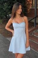 Sky Blue Halter A-Line Embroidery Satin Short Homecoming Dress | SHEISME