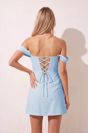Sky Blue Off the Shoulder Linen Sheath Homecoming Dress with Lace Up Back (4) | SHEISME