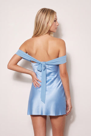 Sky Blue Off the Shoulder Sheath Satin Mini Homecoming Dress (4) | SHEISME