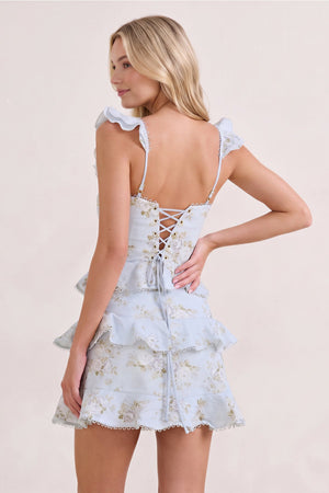 Sky Blue Printed Knitted Linen Ruffled Sheath Homecoming Dress (2) | SHEISME