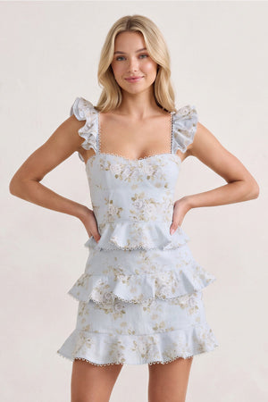 Sky Blue Printed Knitted Linen Ruffled Sheath Homecoming Dress | SHEISME