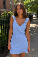 Sky Blue Scoop Neck Sheath Satin Ruffles Short Homecoming Dress | SHEISME