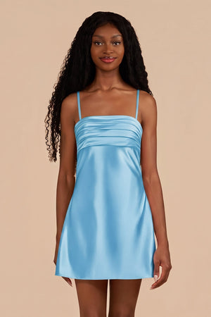 Sky Blue Sheath Spaghetti Straps Satin Homecoming Dress | SHEISME