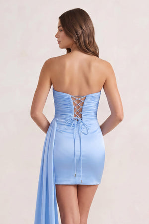 Sky Blue Sheath Strapless Satin Short Homecoming Dress with Train | SHEISME